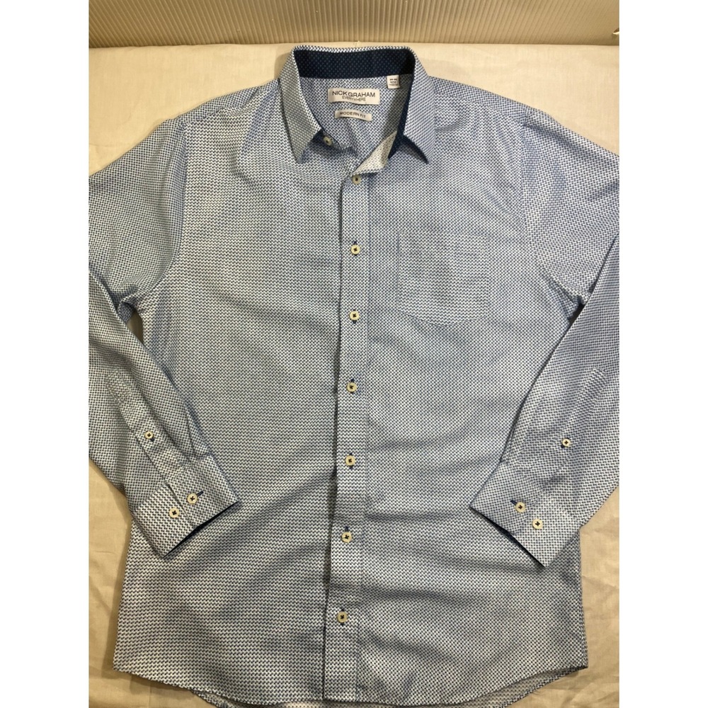 Nick Graham Everywhere Mens Blue Geometric Print Modern Fit Dress Shirt M 34-35